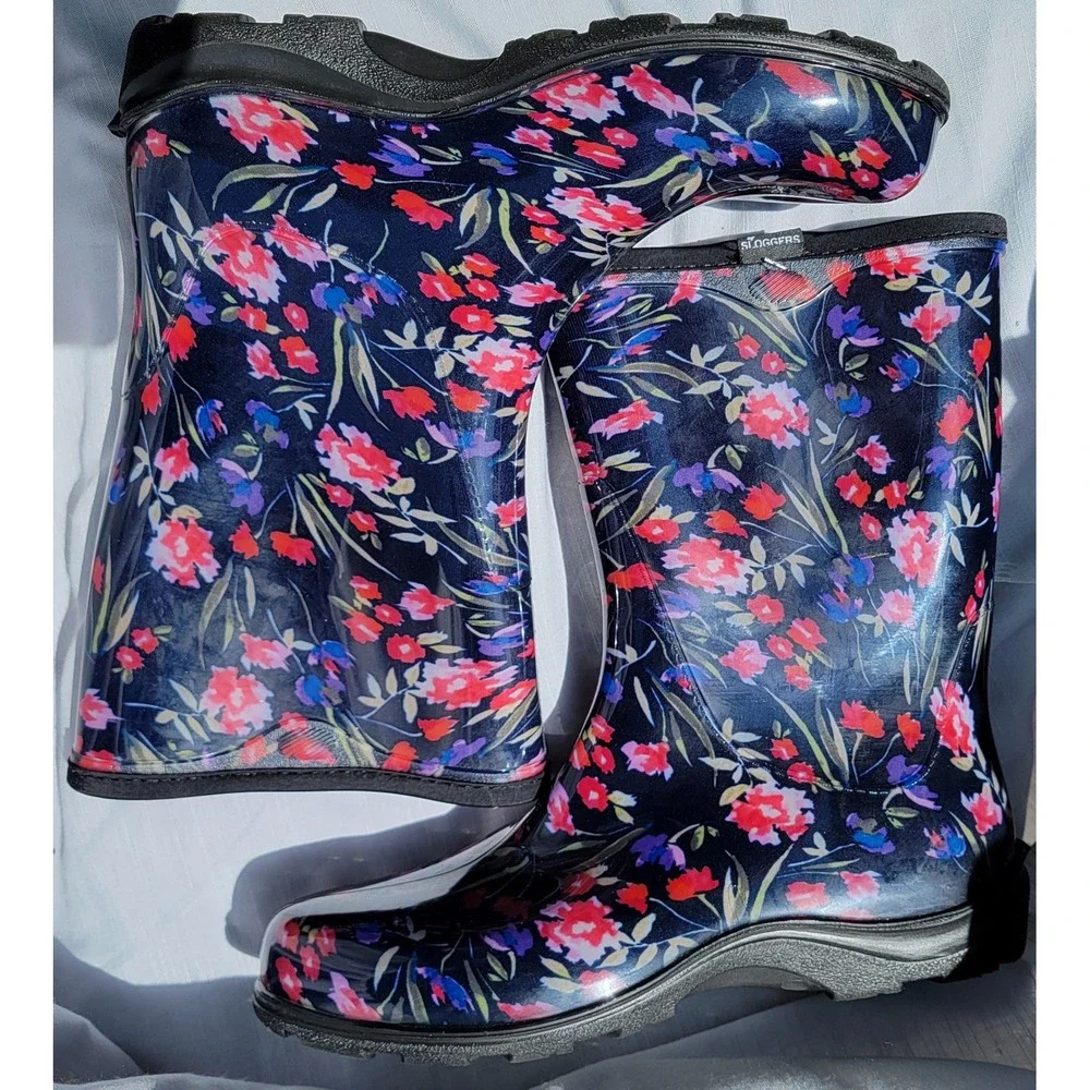 Sloggers Womens 11 Floral Rain Boots Navy Blue Waterproof Garden Mid Calf USA
